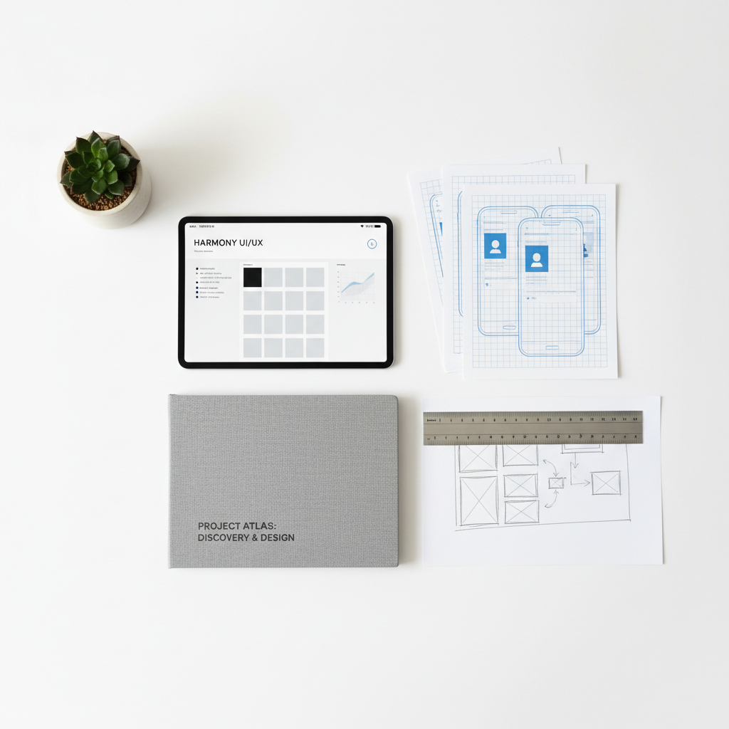 An elegant flat lay of curated project artifacts arranged on a clean white tabletop: a thin tablet showing a polished case study layout, printed mockups of interface screens with precise grids, a neatly bound project brief, and a slim metal ruler aligned along a sketch of a wireframe. A small, minimalist clay planter with a dark green succulent adds a natural accent. Overhead soft studio lighting creates even illumination with subtle shadows that emphasize texture and clarity. The composition is shot directly from above with a balanced, rule-of-thirds layout, evoking a sense of meticulous organization, professionalism, and authenticity suitable for showcasing portfolio work samples.